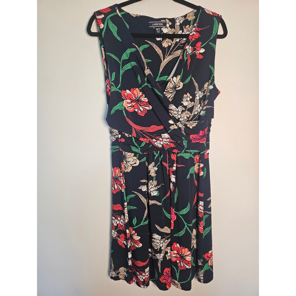 Floral Cottagecore Lands' End Faux Wrap Dress Womens M/P Navy Blue Pima Cotton
